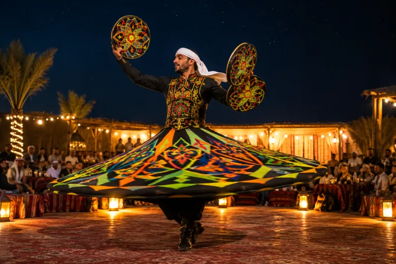 Tanoura dancer performing in a lit desert camp